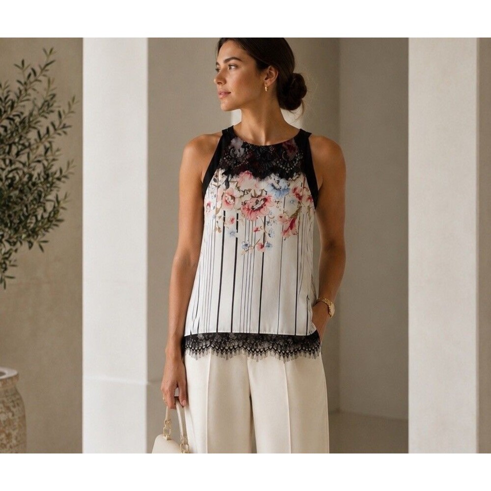 White House Black Market Thistle Floral Striped Lace Tie Neck Top Blouse Shell 2